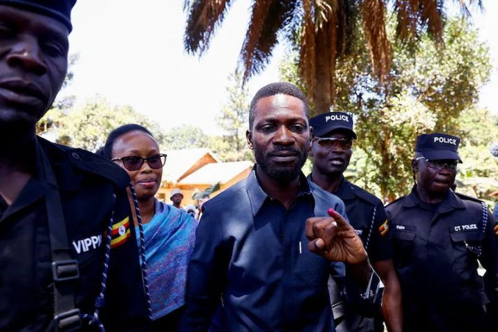 Ugandan opposition leader Bobi Wine speaking at a political rally.