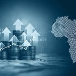 Digital graphic showing stacks of coins with upward-pointing arrows next to a dotted map of Africa, representing trade growth and economic expansion