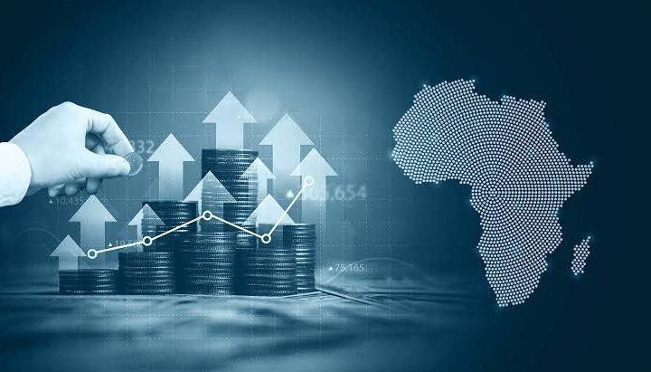 Digital graphic showing stacks of coins with upward-pointing arrows next to a dotted map of Africa, representing trade growth and economic expansion