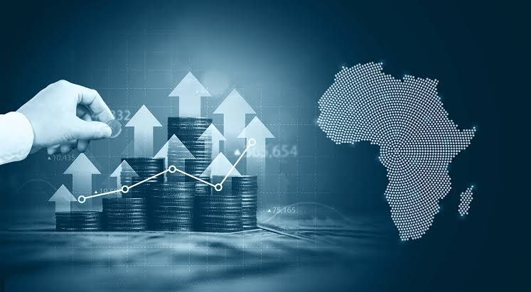 Digital graphic showing stacks of coins with upward-pointing arrows next to a dotted map of Africa, representing trade growth and economic expansion